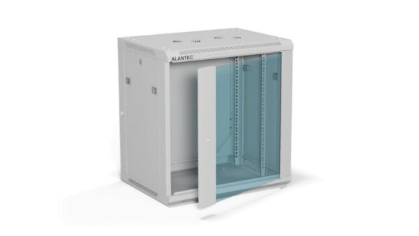 Szafa rack wisząca 19 cali 12U 600×450, drzwi szklane, tył i osłony boczne demontowalne, FLAT PACK kolor szary ALANTEC