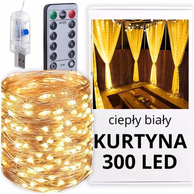 Kurtyna świetlna LED Zolta 300 diod 8 trybów pilot USB 3×2,5 m 1 szt.