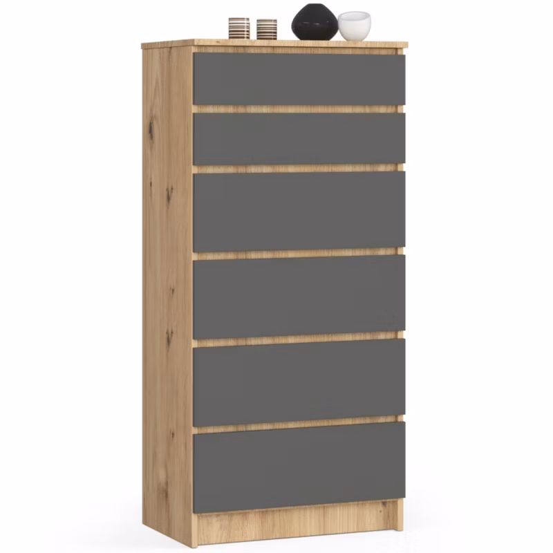 Komoda Akord K60 Dąb Artisan 60 cm 6 szuflad kolor Grafit Szary mat 60x40x130 cm 1 szt.