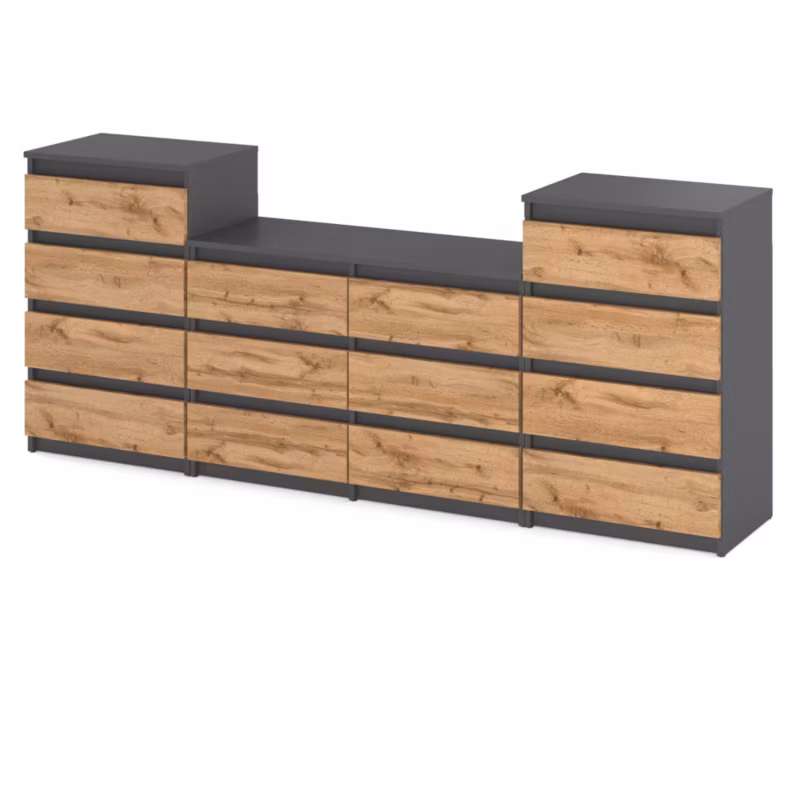 Komoda Hurtownia-Mebli Szuflady 14 Zestaw komód Hugo 464 220cm Szary Mat Dąb Wotan 220×33.5×92.5 cm 1szt.