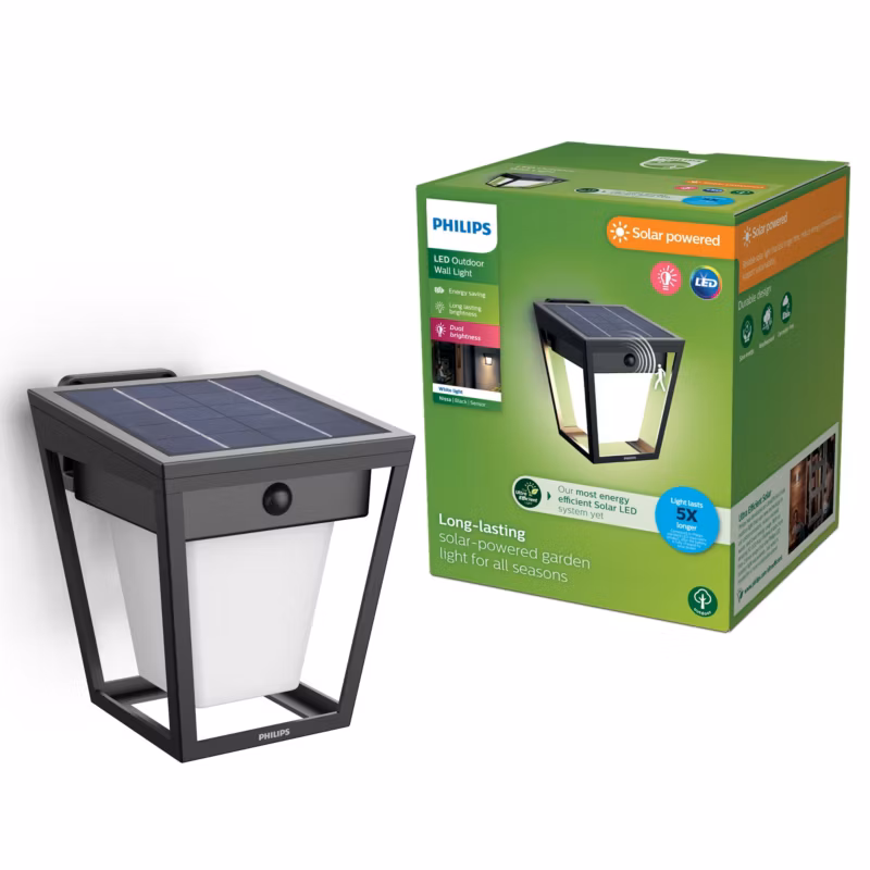 Kinkiet Ogrodowy Nissa Philips Lampa Solarna Zewnętrzna LED 1.8W 250lm 3000K IP44 Czujnik Ruchu i Zmierzchu Czarna 1 szt.