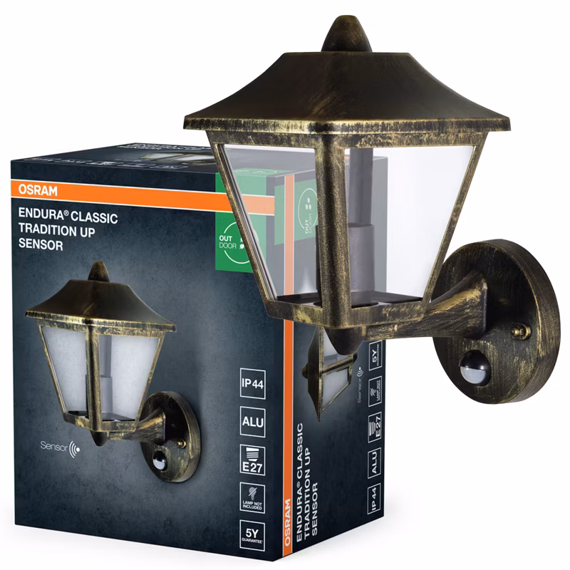 Kinkiet Ogrodowy Endura Osram Lampa Latarnia E27 Czarny Złoty IP44 z Czujnikiem Ruchu i Zmierzchu 1 szt.
