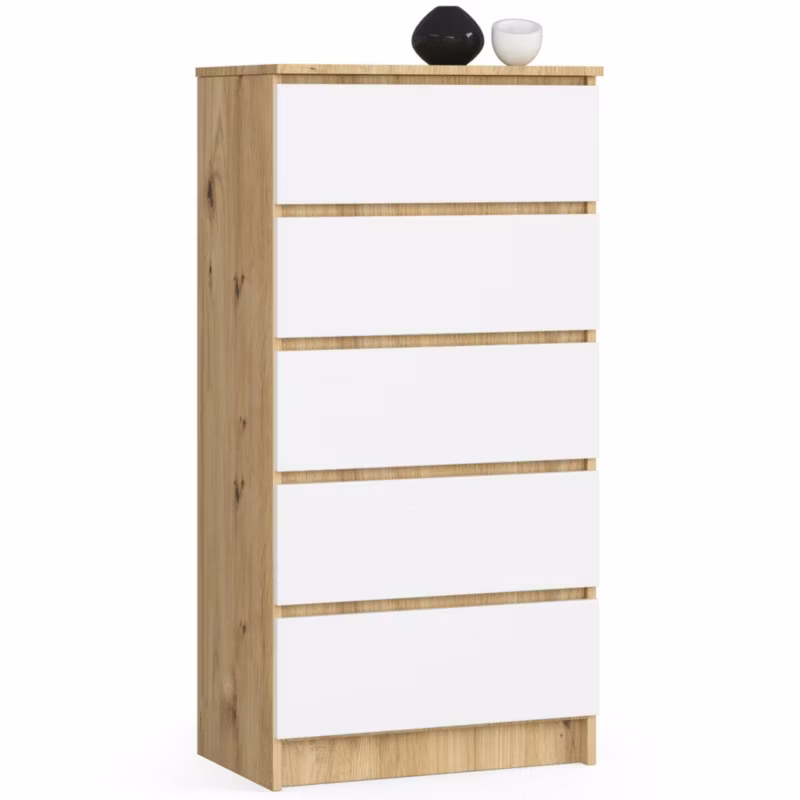 Komoda Akord K60 Dąb Artisan 60 cm 5 szuflad kolor Biały mat 60x40x121 cm 1 szt.