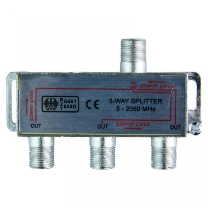 Rozdzielacz Splitter antenowy F na 3 TV metalowy, kompatybilny z DVB‑T i SAT