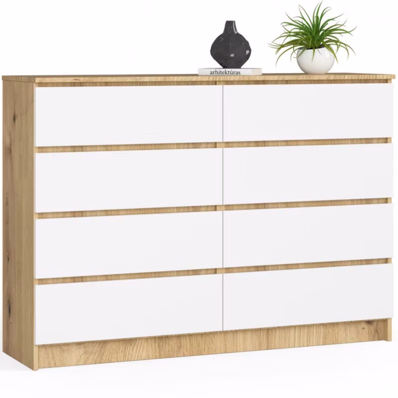 Komoda Akord K140 Dąb Artisan 138 cm 8 szuflad kolor Biały mat 138x40x99 cm 1 szt.