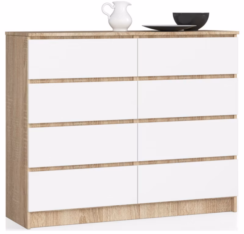 Komoda Akord K120 Dąb Sonoma 120 cm 8 szuflad kolor Biały mat 120x40x99 cm 1 szt.