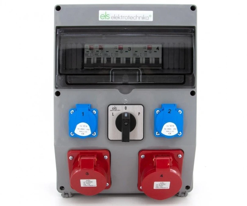 Rozdzielnia budowlana 32A/4 + 16A/4 + 2*GS 230V + zabezpieczenia + wyłącznik L‑0‑P, 12NO22C11C11CLP