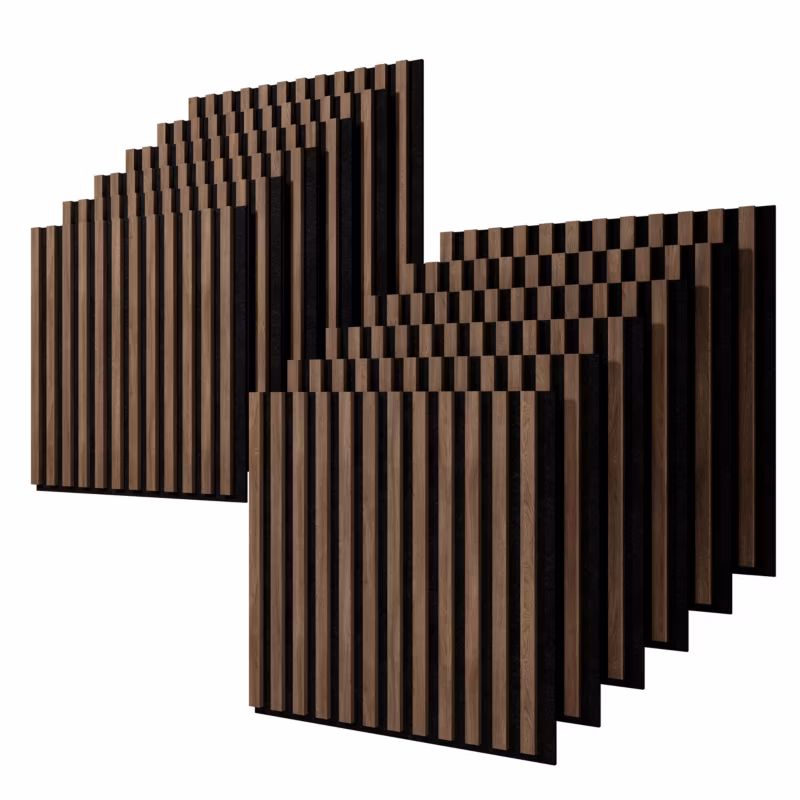 Lamele ścienne na czarnym filcu Stegu, orzech Esotica panele akustyczne 60×60,5cm 12 szt.