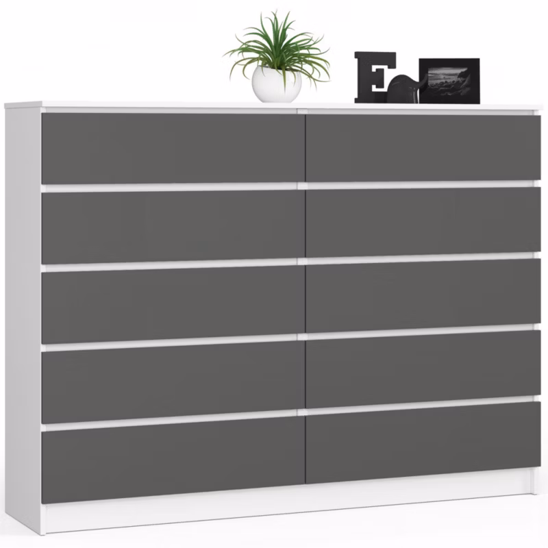 Komoda Akord K160 Biała 160 cm 10 szuflad kolor Grafit Szary mat 160x40x121 cm 1 szt.