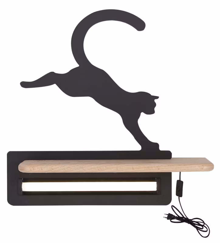 Kinkiet Candellux Cat czarny z jasnym drewnem z przewodem i włącznikiem LED 5W 4000K 250lm IP20 wym: 29 x 27 x 12 cm – 1 szt.