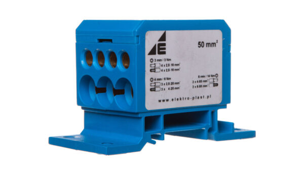 Blok rozdzielczy 2×4-50mm2/3×2,5-25mm2/4×2,5-16mm2 niebieski montaż płaski i na szynie TH DB1-N 48.11
