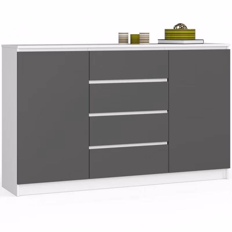 Komoda Akord K160 Biała 160 cm 2 drzwi 4 szuflady kolor Grafit Szary mat 4 półki 160x40x99 cm 1 szt.