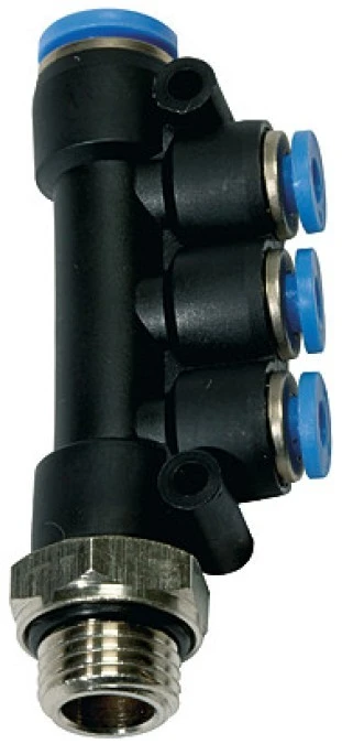 Rozdzielacz pneumatyczny wtykowy z trzema odejściami G 3/8 GZ, 4×10 mm, tworzywo sztuczne