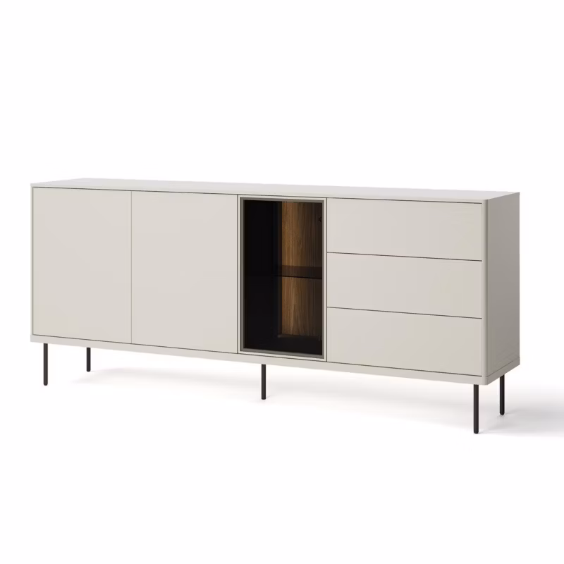 Komoda trzydrzwiowa Bettso Eliro szeroka z szufladami i przeszklonym frontem na czarnych nogach kaszmir 1szt.