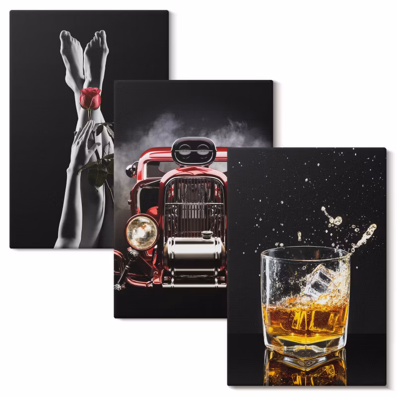 Komplet Obrazów Na Płótnie Wallfluent 40×60 cm Kobiece nogi róża auto whisky 3 szt.