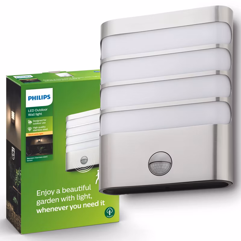 Kinkiet Ogrodowy Raccoon Philips Lampa Elewacyjna Zewnętrzna LED 3W 270lm 2700K IP44 z Czujnikiem Ruchu i Zmierzchu Srebrna 1 szt.