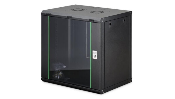 Szafa sieciowa wisząca Dynamic 19 12U rack 600×450, drzwi szyba, czarny, niezłożona, 60kg DN-37109