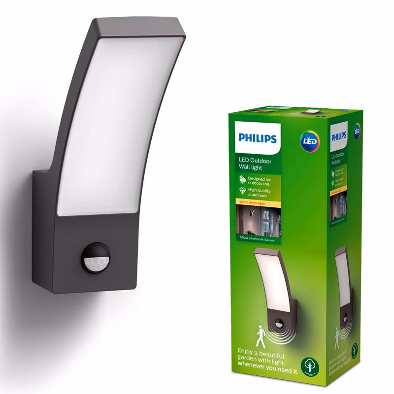 Kinkiet Ogrodowy Splay Philips Lampa Elewacyjna Zewnętrzna LED 3.8W 800lm 2700K z Czujnikiem Ruchu i Zmierzchu Antracyt 1 szt.