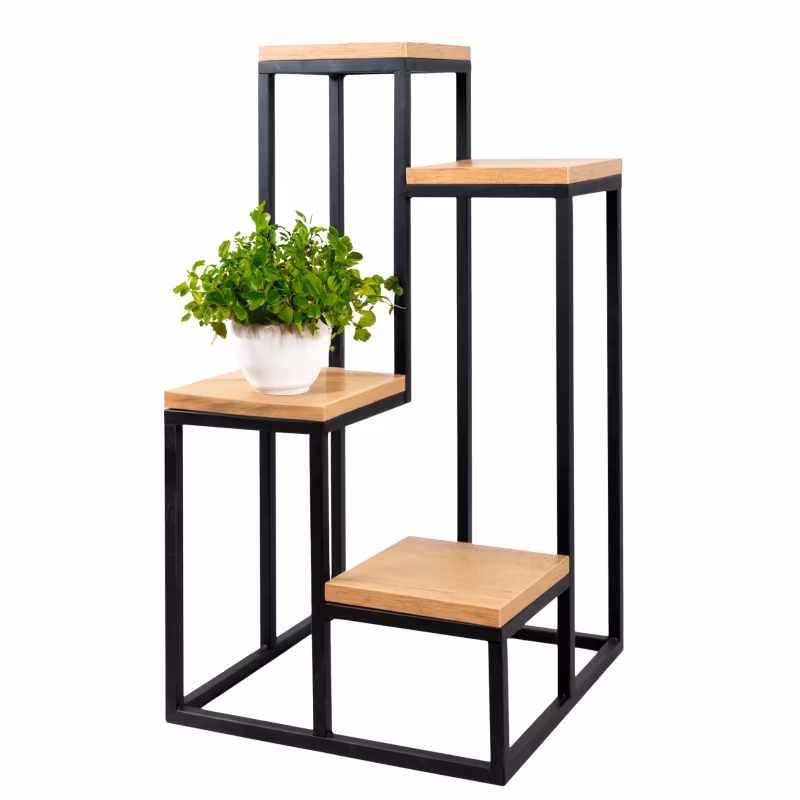 Kwietnik stojący metalowy 4-poziomowy 38x38x70 cm Loft e-floor czarny półka deska laminowana dąb 1 szt
