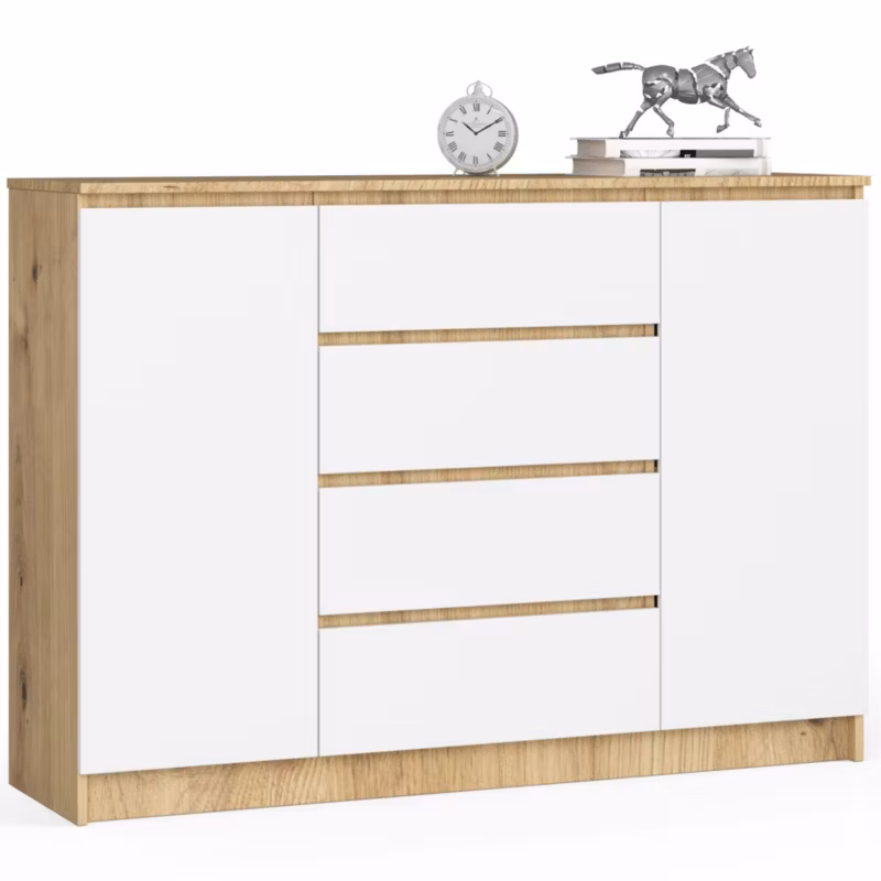 Komoda Akord K140 Dąb Artisan 138 cm 2 drzwi 4 szuflady kolor Biały mat 4 półki 138x40x99 cm 1 szt.