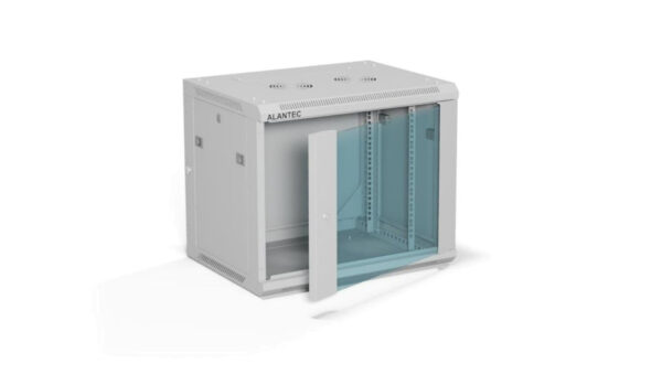 Szafa rack wisząca 19 cali 9U 600×450, drzwi szklane, tył i osłony boczne demontowalne, FLAT PACK kolor szary ALANTEC