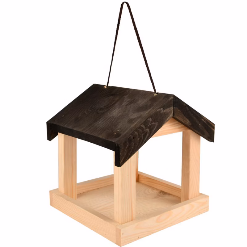 Karmnik dla ptaków drewniany na sznurku Esschert Design brązowy z drewna 23,3×19,9×20 cm 1 szt.