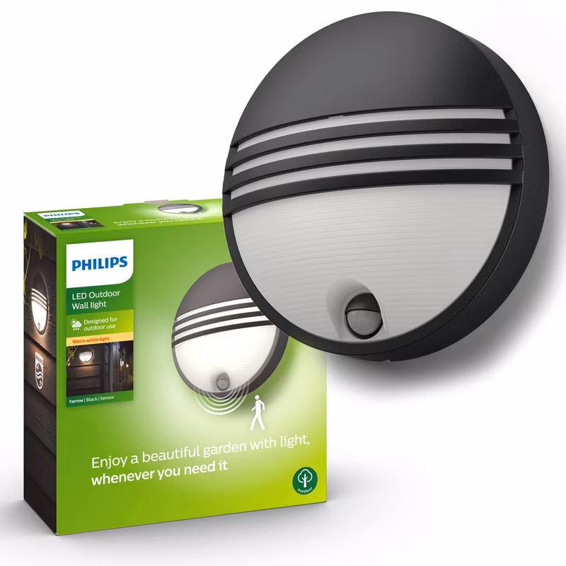 Kinkiet Ogrodowy Yarrow Philips Lampa Elewacyjna Zewnętrzna LED 6W 600lm 2700K IP44 z Czujnikiem Ruchu i Zmierzchu Czarna 1 szt.