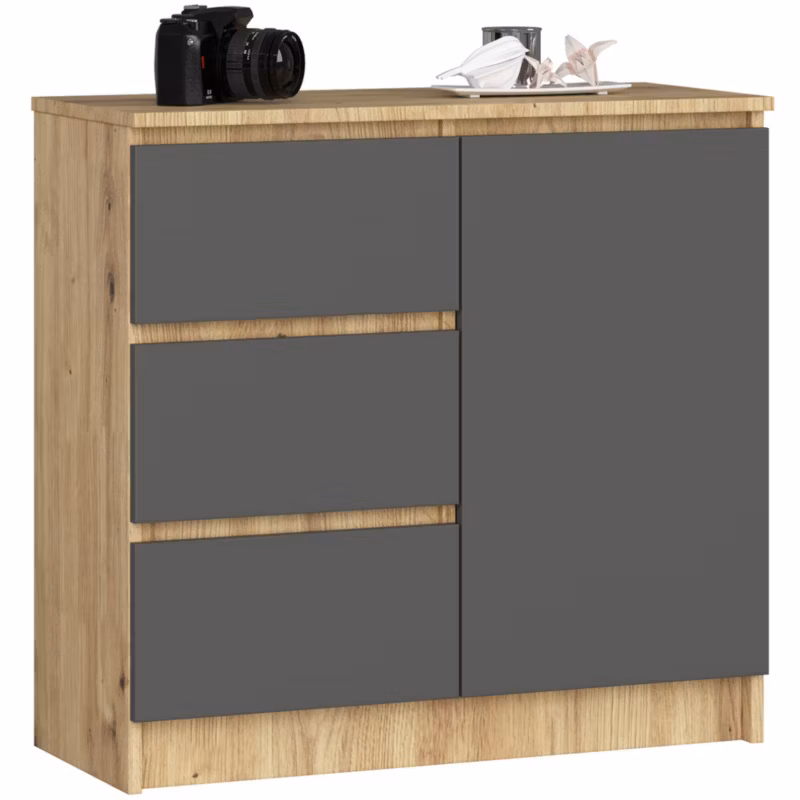 Komoda Akord Jerry Dąb Artisan 80 cm 1 drzwi 3 szuflady kolor Grafit Szary mat 2 półki 80x35x77 cm 1 szt.