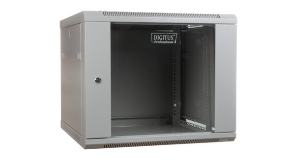 Szafa sieciowa wisząca 19 9U rack 600×600, drzwi szyba, szary, niedzielona, złożona, 60kg DN-W19 09U/600