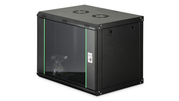 Szafa sieciowa wisząca Dynamic 19 9U rack 600×450, drzwi szyba, czarny, niezłożona, 60kg DN-37105