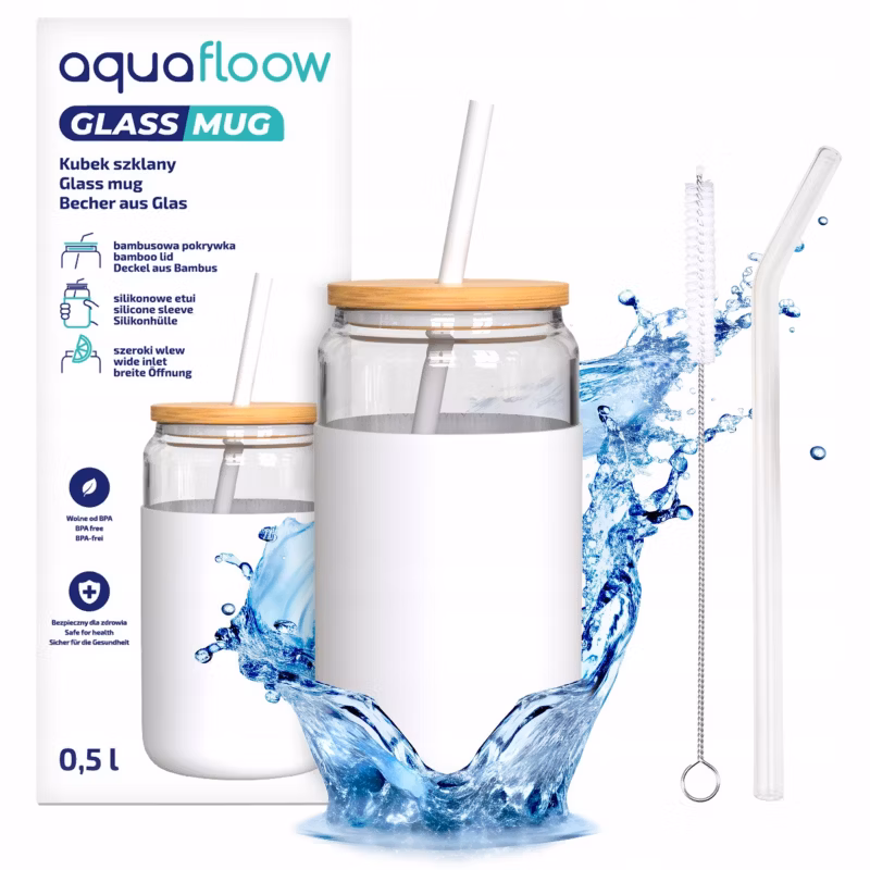 Kubek na napoje, Aquafloow, 500ml, z etui, pokrywką, 2 słomkami, czyścikiem, biały, zestaw 5szt