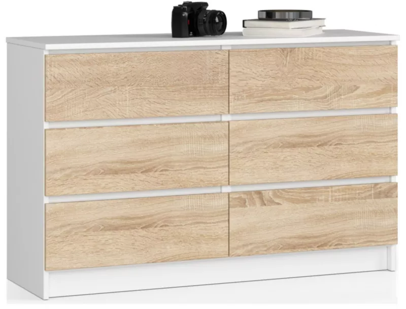 Komoda Akord K120 Biała 120 cm 6 szuflad kolor Dąb Sonoma mat 120x40x77 cm 1 szt.