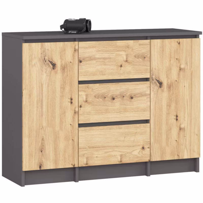 Komoda AKORD K100 kolor Grafit Szary, Dąb Artisan mat 101 cm 2 drzwi 3 szuflady 4 półki 101x35x76 cm 1 szt.