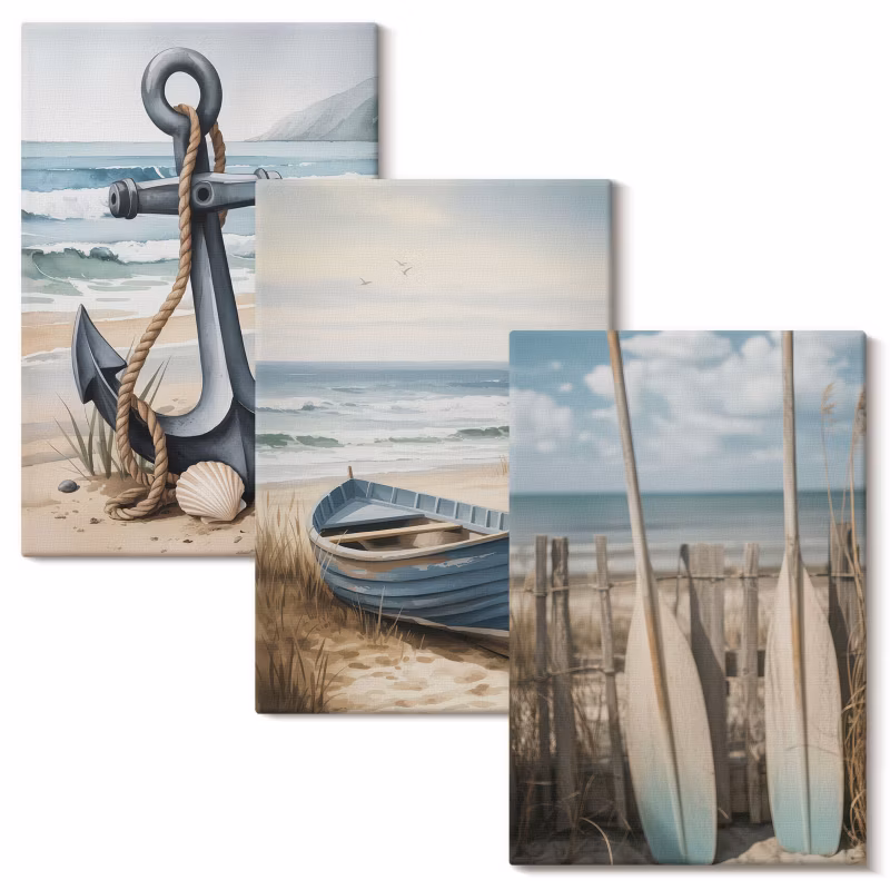 Komplet Obrazów Na Płótnie Wallfluent 20×30 cm Kotwica łódka wiosła plaża 3 szt.