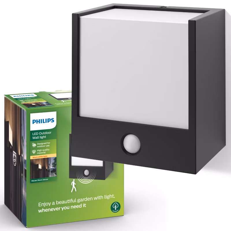 Kinkiet Ogrodowy Philips Lampa Elewacyjna Zewnętrzna LED 3.5W 320lm 2700K IP44 z czujnikiem ruchu Czarna Macaw 1 szt.